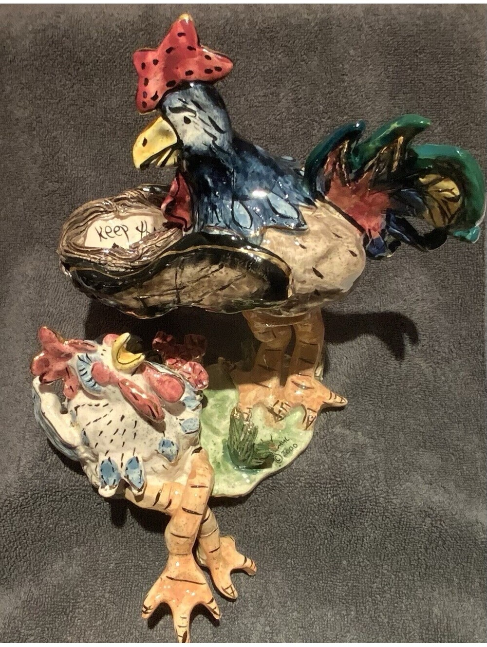 Whimsical Blue Sky Clay Works Ceramic 8”H Rooster and Hen Shelf Sitter